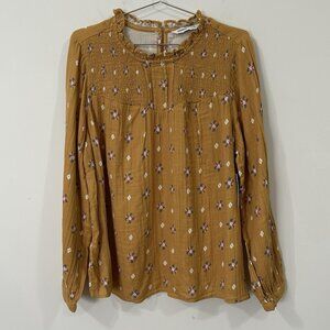 NEW SONOMA Womens XL LS Peasant Floral Cottagecore Blouse Mustard Cotton Top